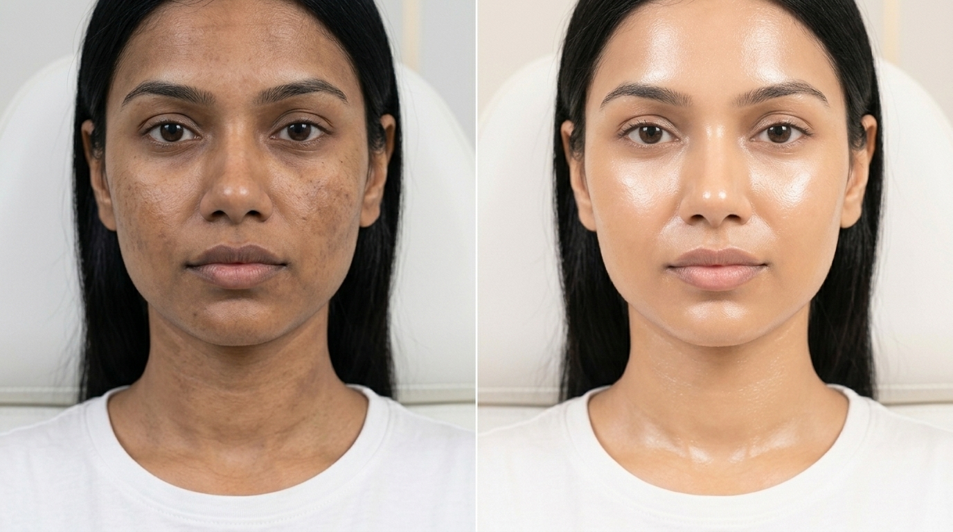 Face and neck skin whitening before and after showing reduced pigmentation dark patches and brighter even skin tone at Skin Esthetics Clinic Islamabad
