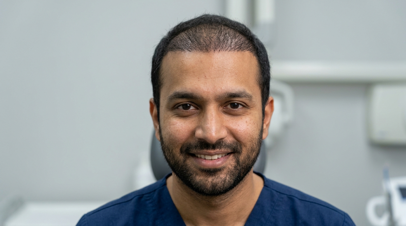 South Asian man showing 6 month new hair growth progress after FUE hair transplant at Skin Esthetics Clinic Islamabad