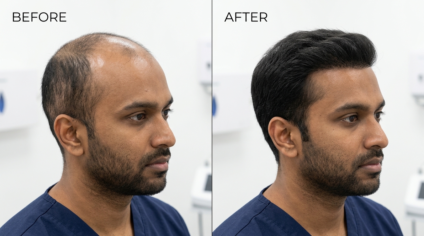 FUE hair transplant before and after transformation showing natural hairline results at Skin Esthetics Clinic Islamabad