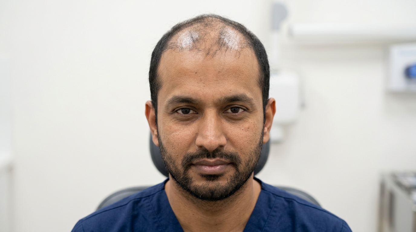 South Asian man showing thinning hairline before FUE hair transplant at Skin Esthetics Clinic Islamabad