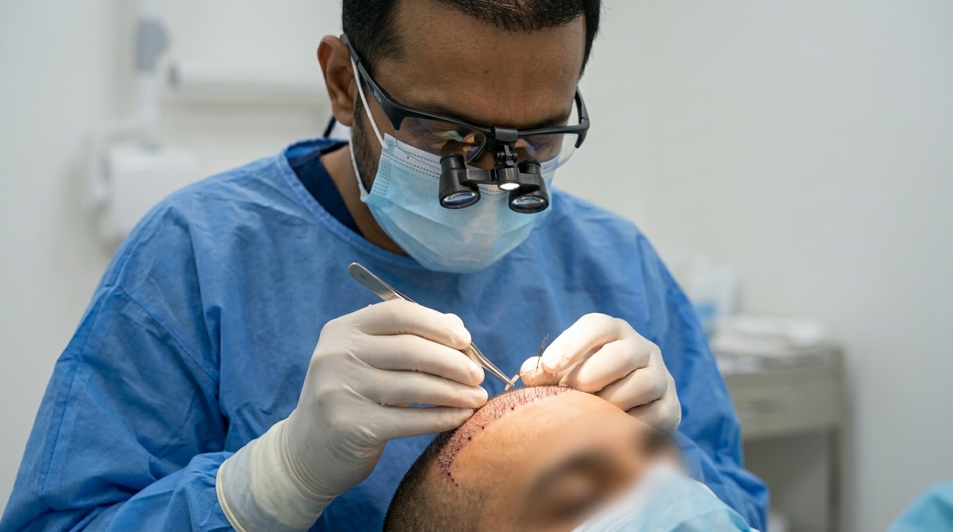 Expert surgeon performing FUE hair transplant follicle implantation procedure at Skin Esthetics Clinic Islamabad