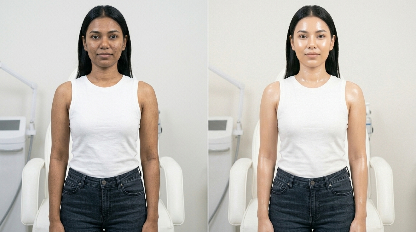 Full body skin whitening before and after transformation showing brighter even-toned skin at Skin Esthetics Clinic Islamabad