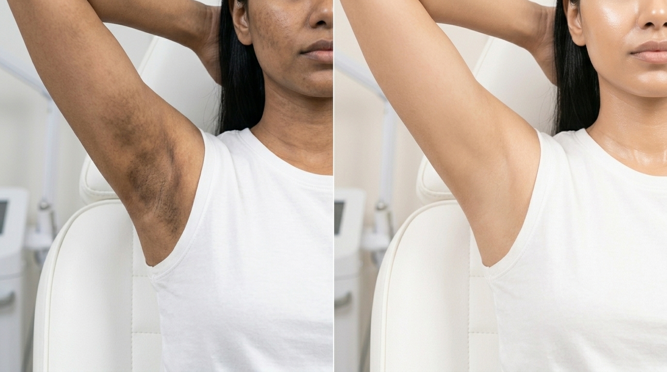 Underarm whitening before and after results showing significant skin brightening and pigmentation removal at Skin Esthetics Clinic Islamabad